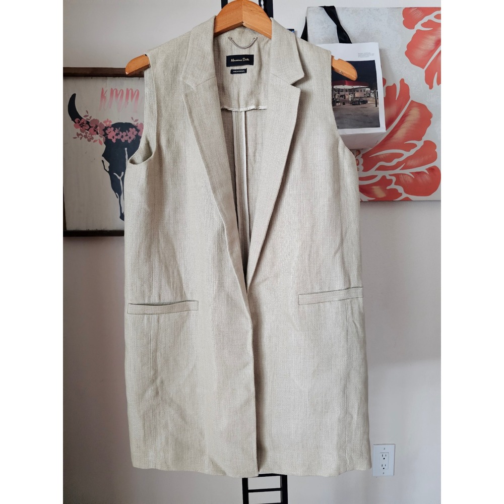 Massimo Dutti Womens Linen Blend Longline Vest Sleeveless Blazer Beige Large